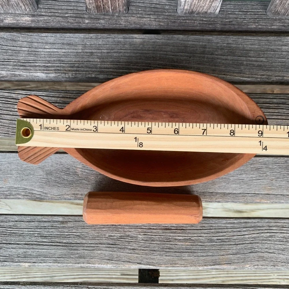 VTG Hand Carved Wooden Fish Mortar and Pestle Set MCM Nautical Coastal Decor